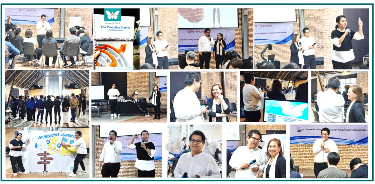 ภาพคอลลาจบรรยากาศเวิร์กช็อป “The Proactive Trainer – Facilitation Skills for Trainer” ภายในห้องประชุมโรงแรม เพดานไม้สูง ผนังก่ออิฐ มีผู้เข้าอบรมยืน–นั่งเป็นวง สนทนา ทำกิจกรรมเชื่อมสัมพันธ์ ยืนล้อมวงใหญ่ โค้ชอ้อม โค้ชตอม ผู้เข้าอบรม ถ่ายรูปเต็มไปด้วยบรรยากาศการเรียนรู้ร่วมกันอย่างคึกคักและเป็นกันเอง